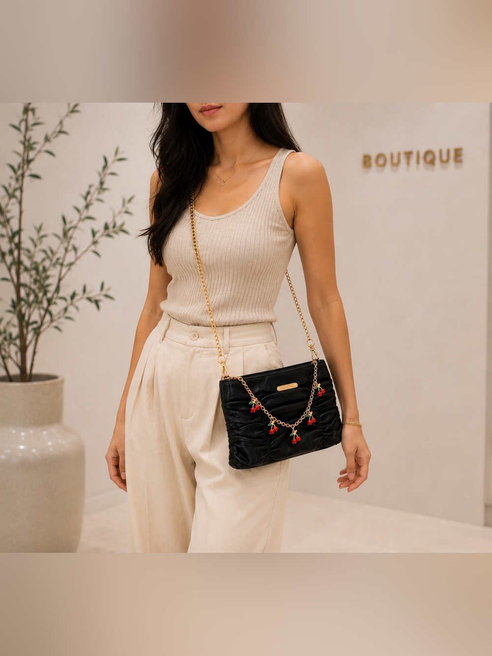 Michael Kors Ruched Leather Y2K Clutch Crossbody Black Gold Cherry Chain Charm